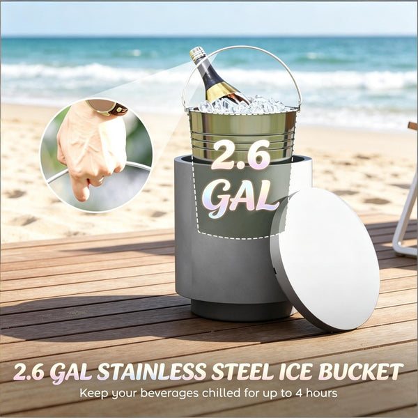 English Elm Portable Concrete Outdoor Side Table with Stainless Steel Ice Bucket for Patio Decks T3971P514239