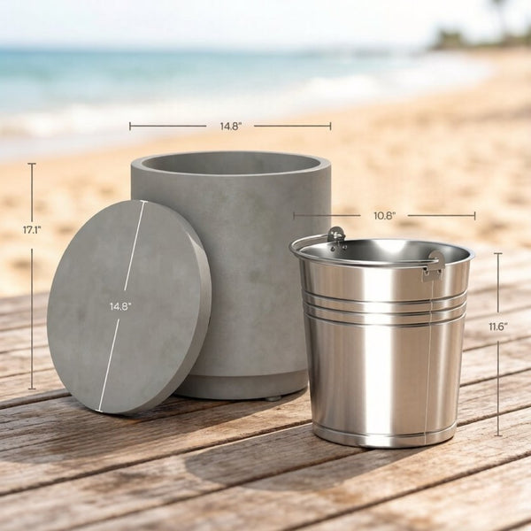 English Elm Portable Concrete Outdoor Side Table with Stainless Steel Ice Bucket for Patio Decks T3971P514239