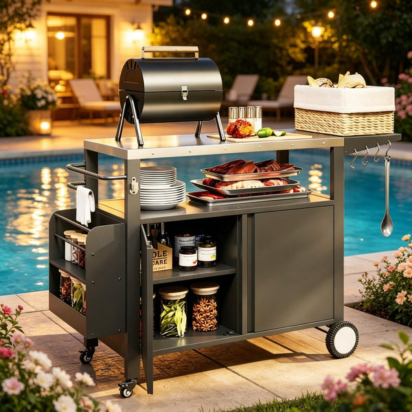 English Elm Convenient Stainless Steel Grill Cart with Locking Cabinet Foldable Side Outdoor Station T3971P514479