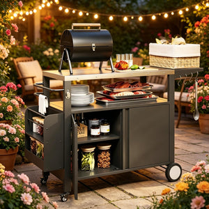 English Elm Convenient Stainless Steel Grill Cart with Locking Cabinet Foldable Side Outdoor Station T3971P514479