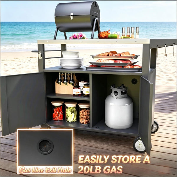 English Elm Convenient Stainless Steel Grill Cart with Locking Cabinet Foldable Side Outdoor Station T3971P514479