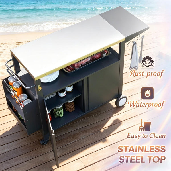 English Elm Convenient Stainless Steel Grill Cart with Locking Cabinet Foldable Side Outdoor Station T3971P514479