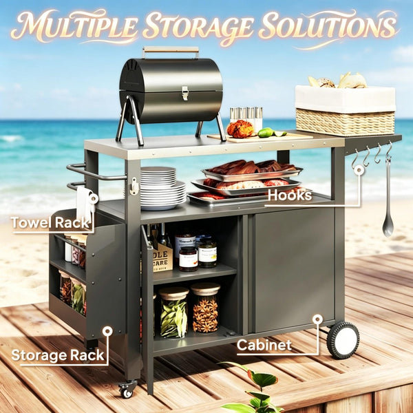 English Elm Convenient Stainless Steel Grill Cart with Locking Cabinet Foldable Side Outdoor Station T3971P514479
