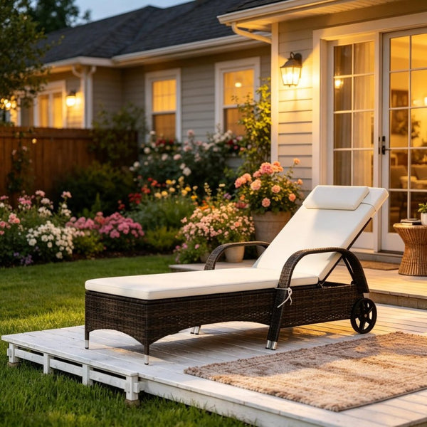 English Elm Adjustable Pe Rattan Outdoor Chaise Lounge with Steel Frame and Built-in Wheels T3971P514491
