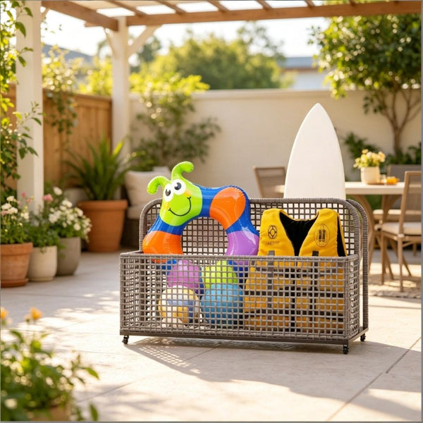 English Elm Wicker Poolside Storage Cart with PE Rattan Exterior and Locking Wheels for Patio T3971P514501