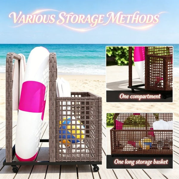 English Elm Wicker Poolside Storage Cart with PE Rattan Exterior and Locking Wheels for Patio T3971P514501