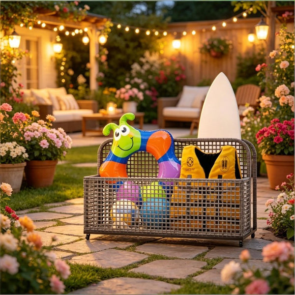 English Elm Wicker Poolside Storage Cart with PE Rattan Exterior and Locking Wheels for Patio T3971P514501