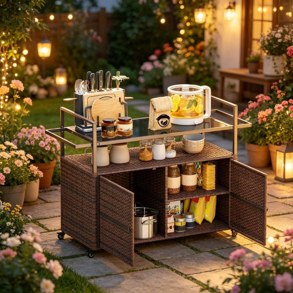 English Elm Rattan Outdoor Bar Cart with Tempered Glass Top and Locking Wheels for Patio Serving T3971P514532