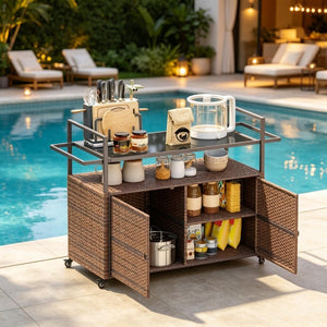 English Elm Rattan Outdoor Bar Cart with Tempered Glass Top and Locking Wheels for Patio Serving T3971P514532