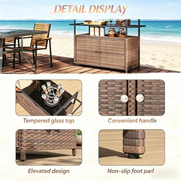 English Elm Rattan Outdoor Bar Cart with Tempered Glass Top and Locking Wheels for Patio Serving T3971P514532