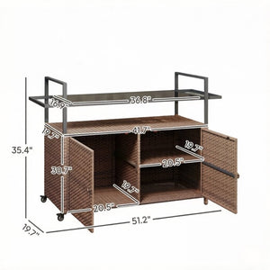 English Elm Rattan Outdoor Bar Cart with Tempered Glass Top and Locking Wheels for Patio Serving T3971P514532