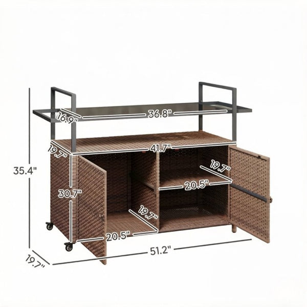 English Elm Rattan Outdoor Bar Cart with Tempered Glass Top and Locking Wheels for Patio Serving T3971P514532