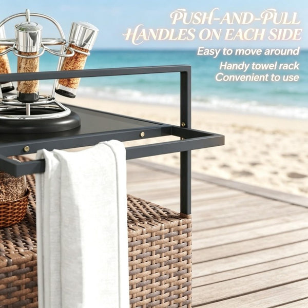 English Elm Rattan Outdoor Bar Cart with Tempered Glass Top and Locking Wheels for Patio Serving T3971P514532
