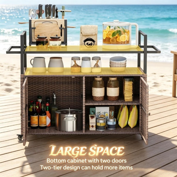 English Elm Rattan Outdoor Bar Cart with Tempered Glass Top and Locking Wheels for Patio Serving T3971P514532