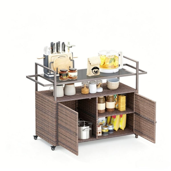 English Elm Rattan Outdoor Bar Cart with Tempered Glass Top and Locking Wheels for Patio Serving T3971P514532
