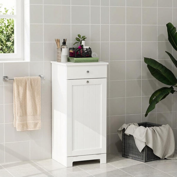 English Elm Freestanding Laundry Hamper Cabinet with Beadboard Doors and Drawer for Bathroom T3971P514616