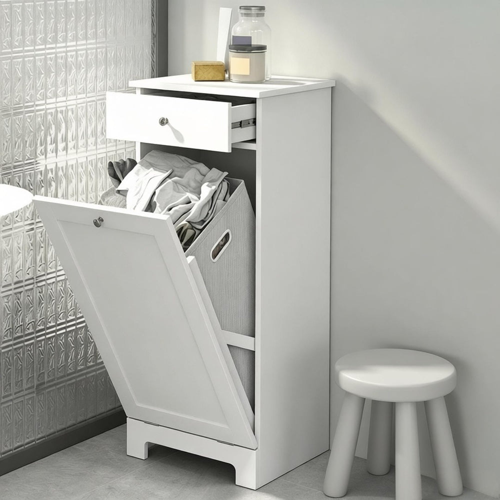 English Elm Freestanding Laundry Hamper Cabinet with Beadboard Doors and Drawer for Bathroom T3971P514616