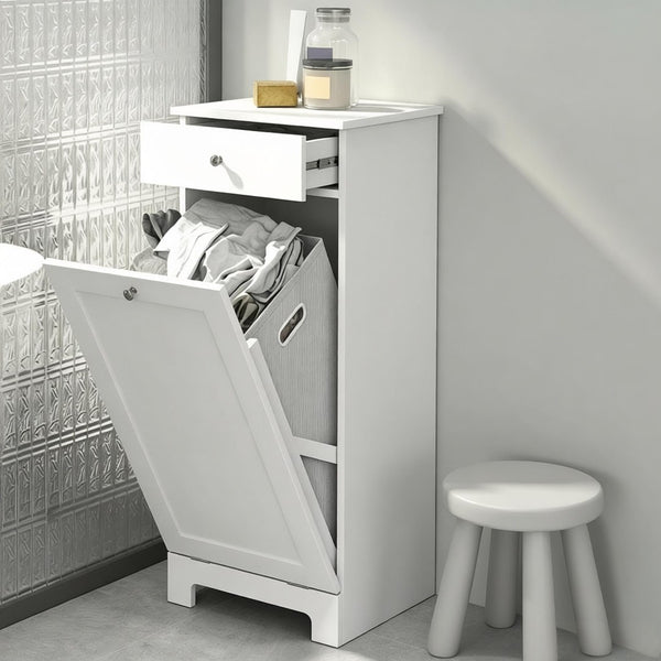 English Elm Freestanding Laundry Hamper Cabinet with Beadboard Doors and Drawer for Bathroom T3971P514616