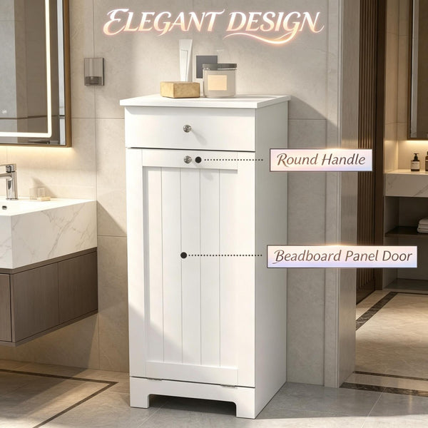 English Elm Freestanding Laundry Hamper Cabinet with Beadboard Doors and Drawer for Bathroom T3971P514616