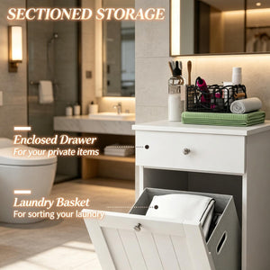 English Elm Freestanding Laundry Hamper Cabinet with Beadboard Doors and Drawer for Bathroom T3971P514616