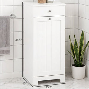 English Elm Freestanding Laundry Hamper Cabinet with Beadboard Doors and Drawer for Bathroom T3971P514616