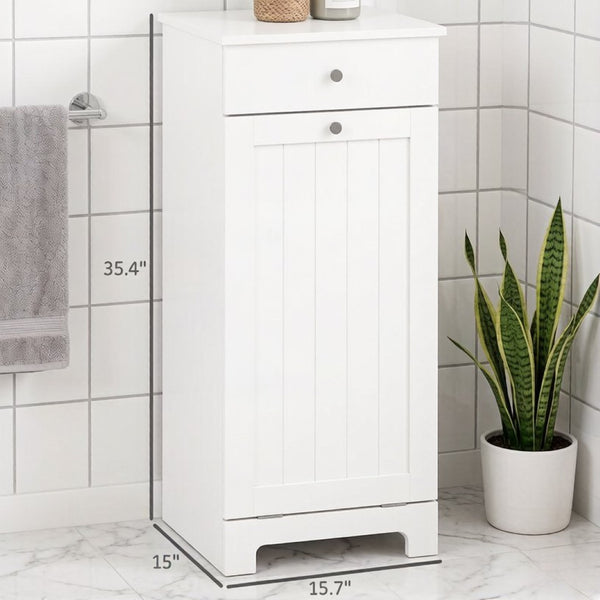 English Elm Freestanding Laundry Hamper Cabinet with Beadboard Doors and Drawer for Bathroom T3971P514616