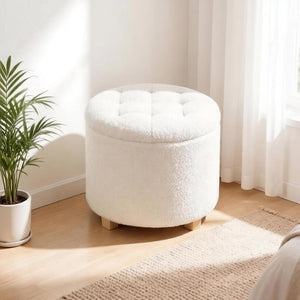 English Elm Button Tufted Round Storage Ottoman Teddy Fleece Lift Top Seat for Bedroom Entryway T3971P516785