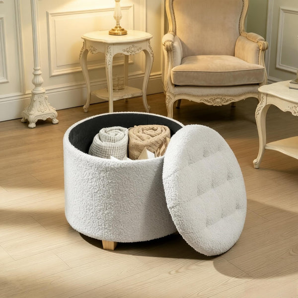 English Elm Button Tufted Round Storage Ottoman Teddy Fleece Lift Top Seat for Bedroom Entryway T3971P516785