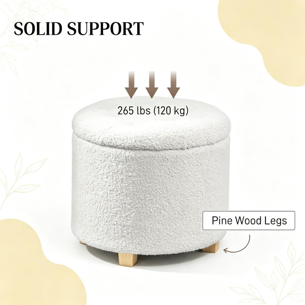 English Elm Button Tufted Round Storage Ottoman Teddy Fleece Lift Top Seat for Bedroom Entryway T3971P516785