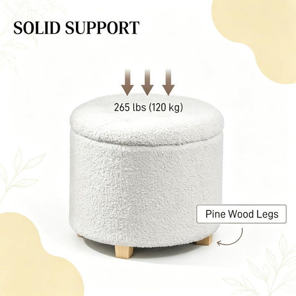 English Elm Button Tufted Round Storage Ottoman Teddy Fleece Lift Top Seat for Bedroom Entryway T3971P516785