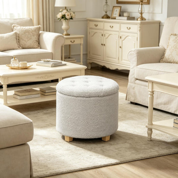English Elm Button Tufted Round Storage Ottoman Teddy Fleece Lift Top Seat for Bedroom Entryway T3971P516785