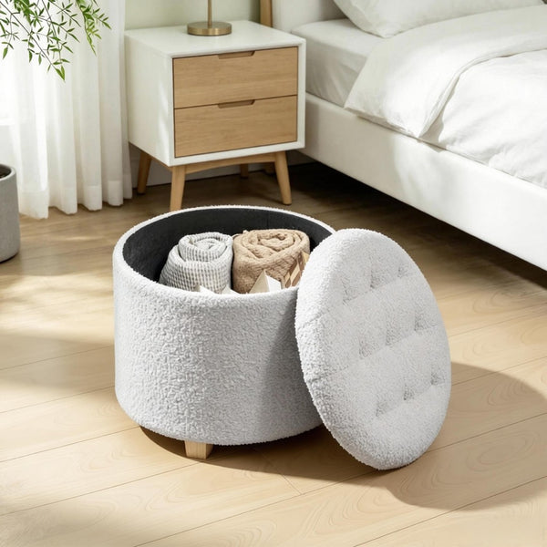 English Elm Button Tufted Round Storage Ottoman Teddy Fleece Lift Top Seat for Bedroom Entryway T3971P516785