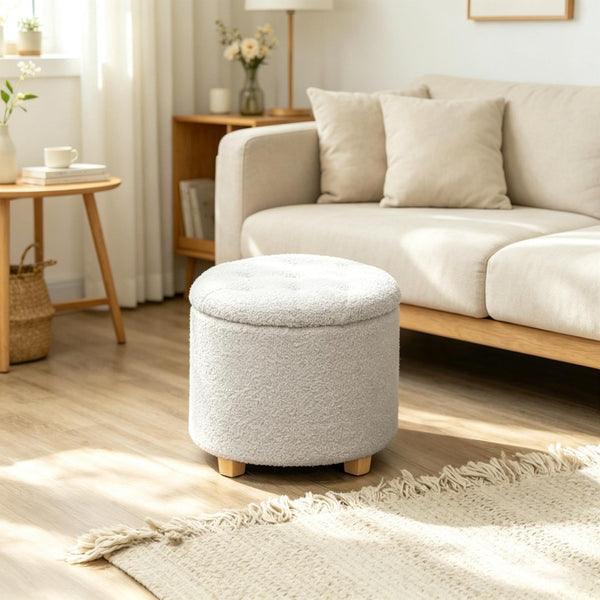 English Elm Button Tufted Round Storage Ottoman Teddy Fleece Lift Top Seat for Bedroom Entryway T3971P516785