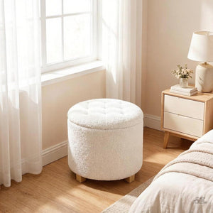 English Elm Button Tufted Round Storage Ottoman Teddy Fleece Lift Top Seat for Bedroom Entryway T3971P516785