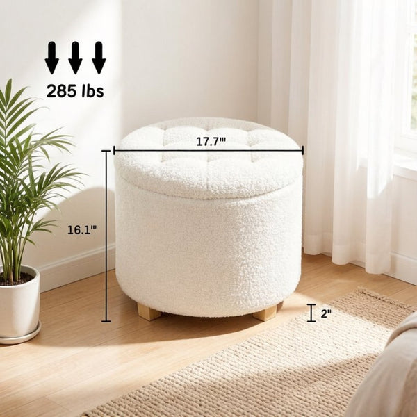 English Elm Button Tufted Round Storage Ottoman Teddy Fleece Lift Top Seat for Bedroom Entryway T3971P516785
