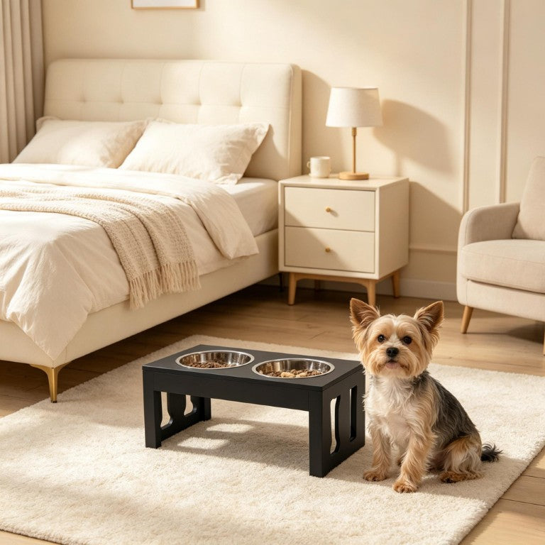 English Elm Elevated Double Bowl Dog Feeding Station MDF Frame Bone Motif Medium Breed Stand T3971P517789