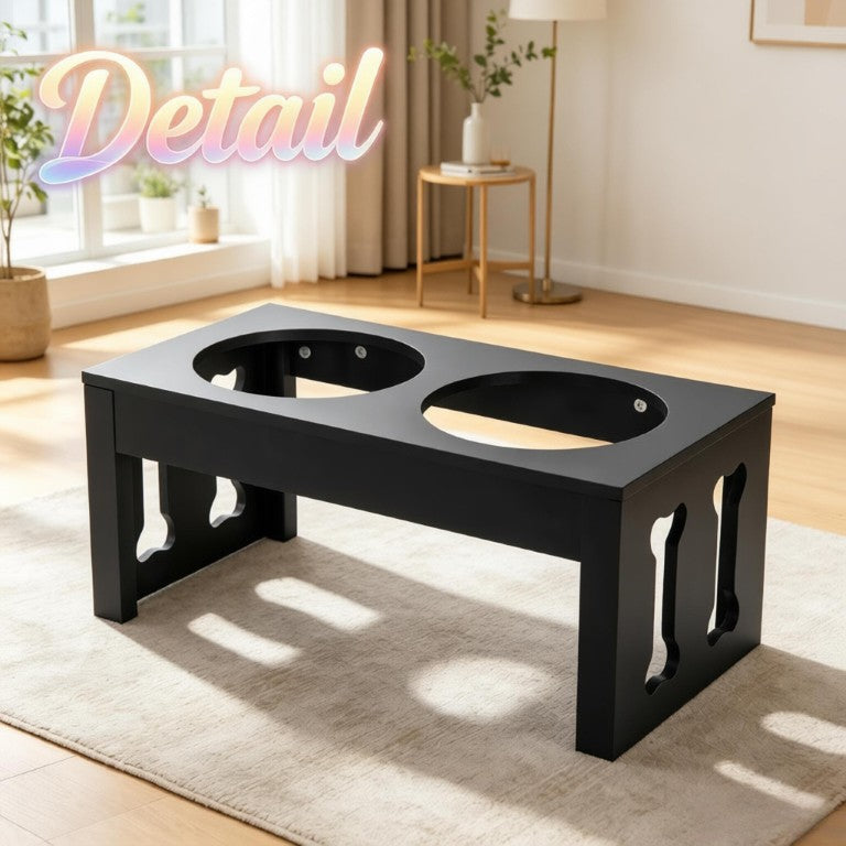 English Elm Elevated Double Bowl Dog Feeding Station MDF Frame Bone Motif Medium Breed Stand T3971P517789