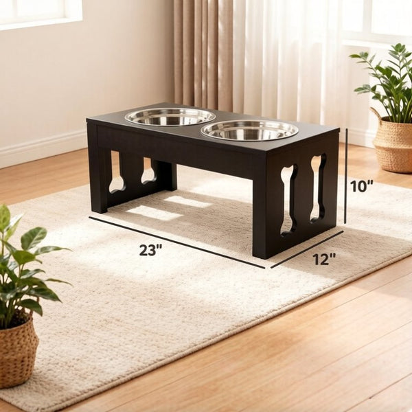 English Elm Elevated Double Bowl Dog Feeding Station MDF Frame Bone Motif Medium Breed Stand T3971P517789