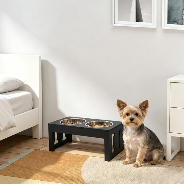 English Elm Elevated Double Bowl Dog Feeding Station MDF Frame Bone Motif Medium Breed Stand T3971P517789