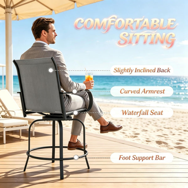 English Elm Swivel Outdoor Bar Stools Set of 2 Breathable Mesh Patio Seating with Steel Frame T3971P517807