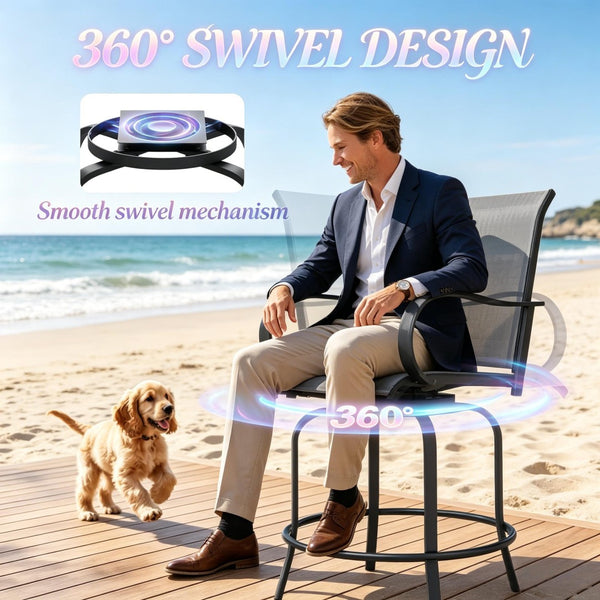English Elm Swivel Outdoor Bar Stools Set of 2 Breathable Mesh Patio Seating with Steel Frame T3971P517807