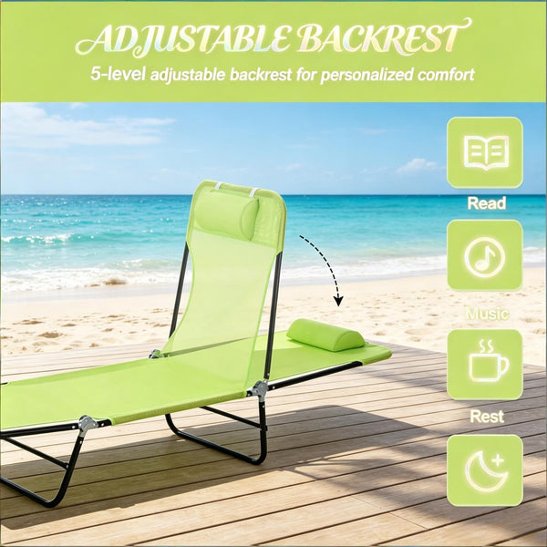 English Elm Beach Folding Chaise Lounge with Mesh Surface and Steel Frame for Poolside Tanning T3971P517834