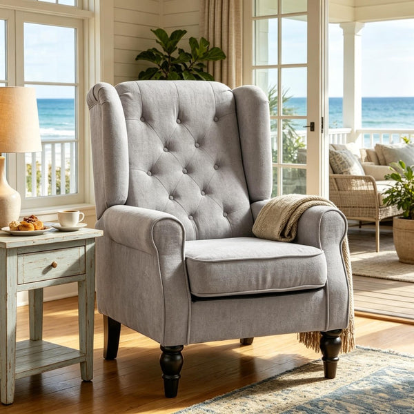 English Elm High Wingback Button Tufted Accent Chair Plush Polyester Upholstery Eucalyptus Legs T3971P517874
