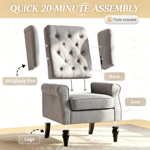 English Elm High Wingback Button Tufted Accent Chair Plush Polyester Upholstery Eucalyptus Legs T3971P517874