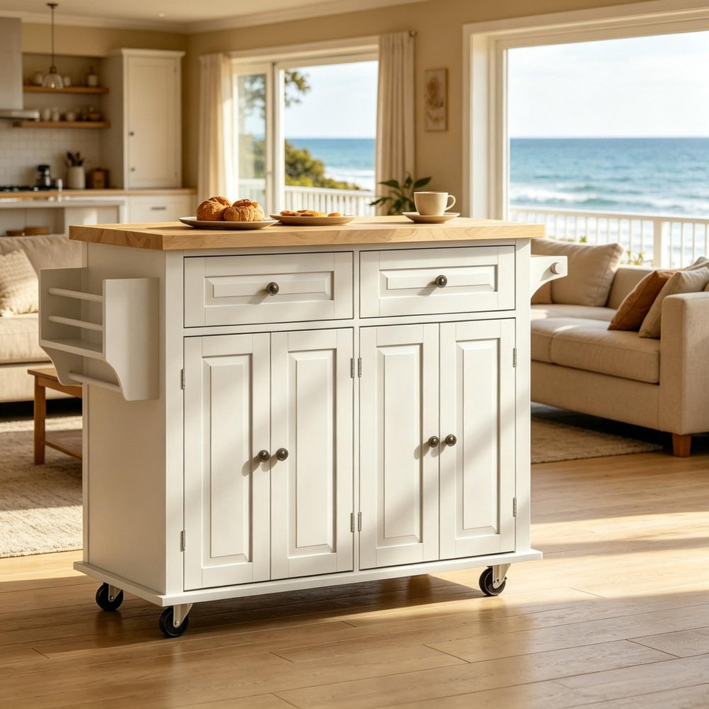 English Elm Modern Rolling Kitchen Island with Rubberwood Top Drawers Cabinets and Spice Rack T3971P517899