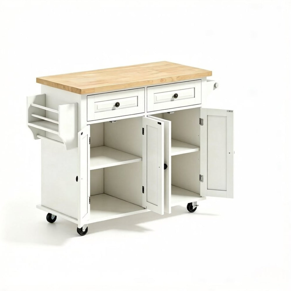 English Elm Modern Rolling Kitchen Island with Rubberwood Top Drawers Cabinets and Spice Rack T3971P517899