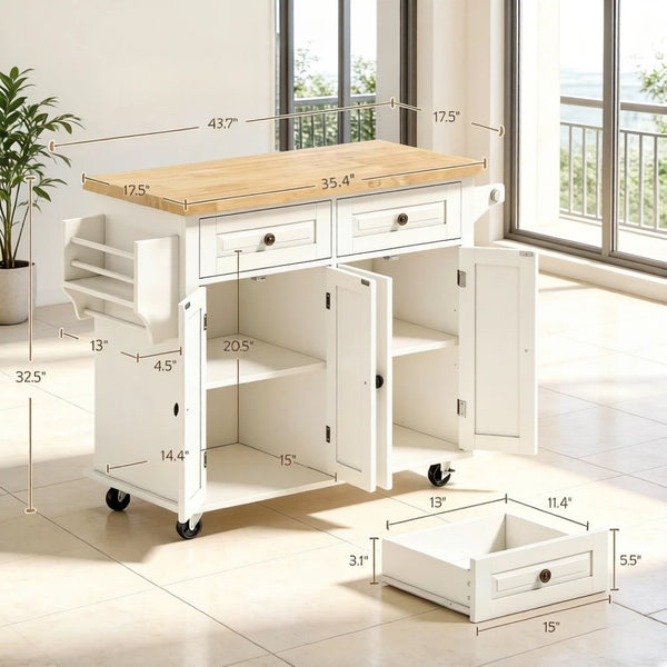English Elm Modern Rolling Kitchen Island with Rubberwood Top Drawers Cabinets and Spice Rack T3971P517899