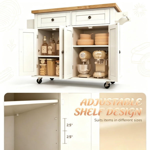 English Elm Modern Rolling Kitchen Island with Rubberwood Top Drawers Cabinets and Spice Rack T3971P517899