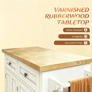 English Elm Modern Rolling Kitchen Island with Rubberwood Top Drawers Cabinets and Spice Rack T3971P517899