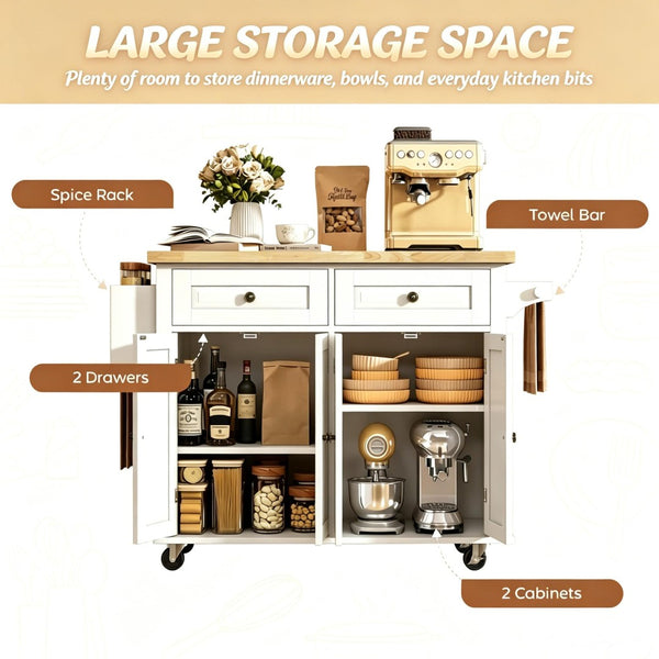 English Elm Modern Rolling Kitchen Island with Rubberwood Top Drawers Cabinets and Spice Rack T3971P517899
